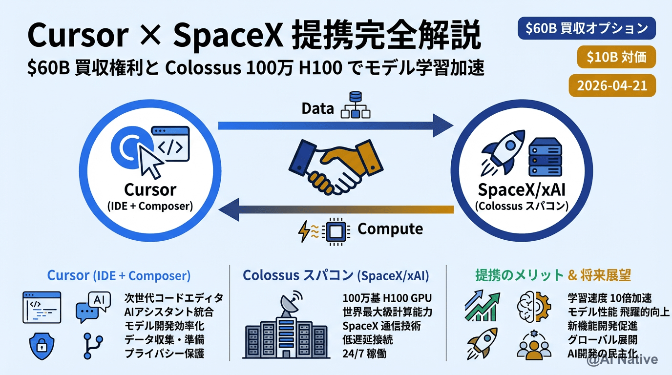 Cursor × SpaceX 提携完全解説｜$60B買収権利・Colossus 100万H100