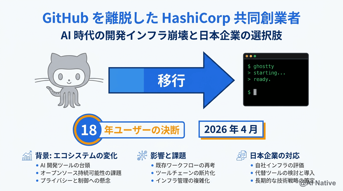 HashiCorp 共同創業者が GitHub を離脱した本当の理由｜AI 時代の開発インフラ崩壊と日本企業の選択肢 | AI Native ...